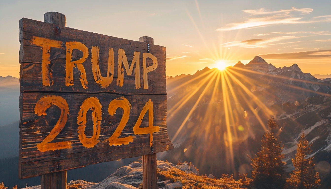 Inspiring Mountain Sunrise with Trump 2024 Rustic Sign Virtual Background