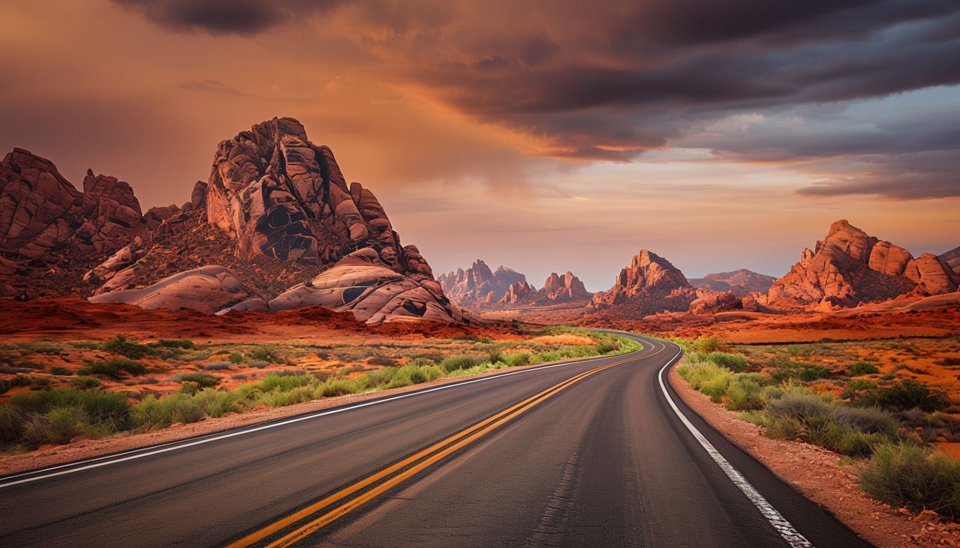 Serene Desert Road Landscape with Dramatic Rock Formations Virtual Backgrounds