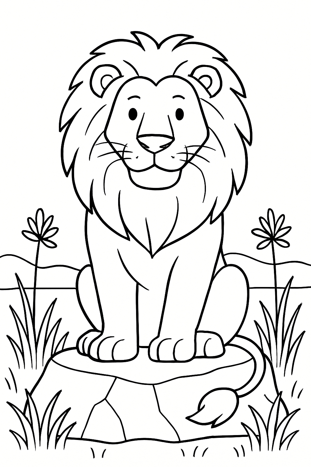 Playful Cartoon Lion Illustration in Nature Scene Coloring Book Pages