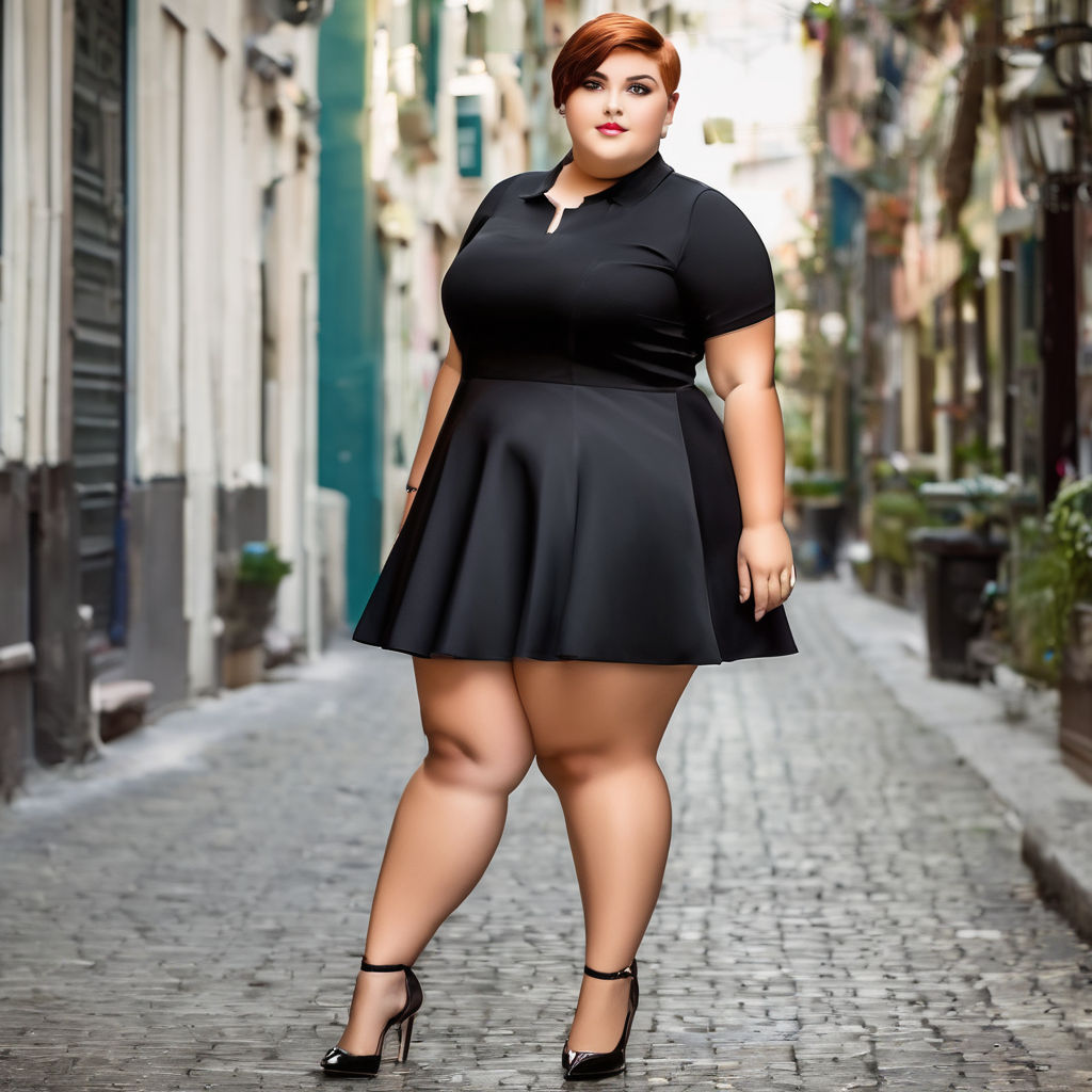 fat woman wears a skinny short dress