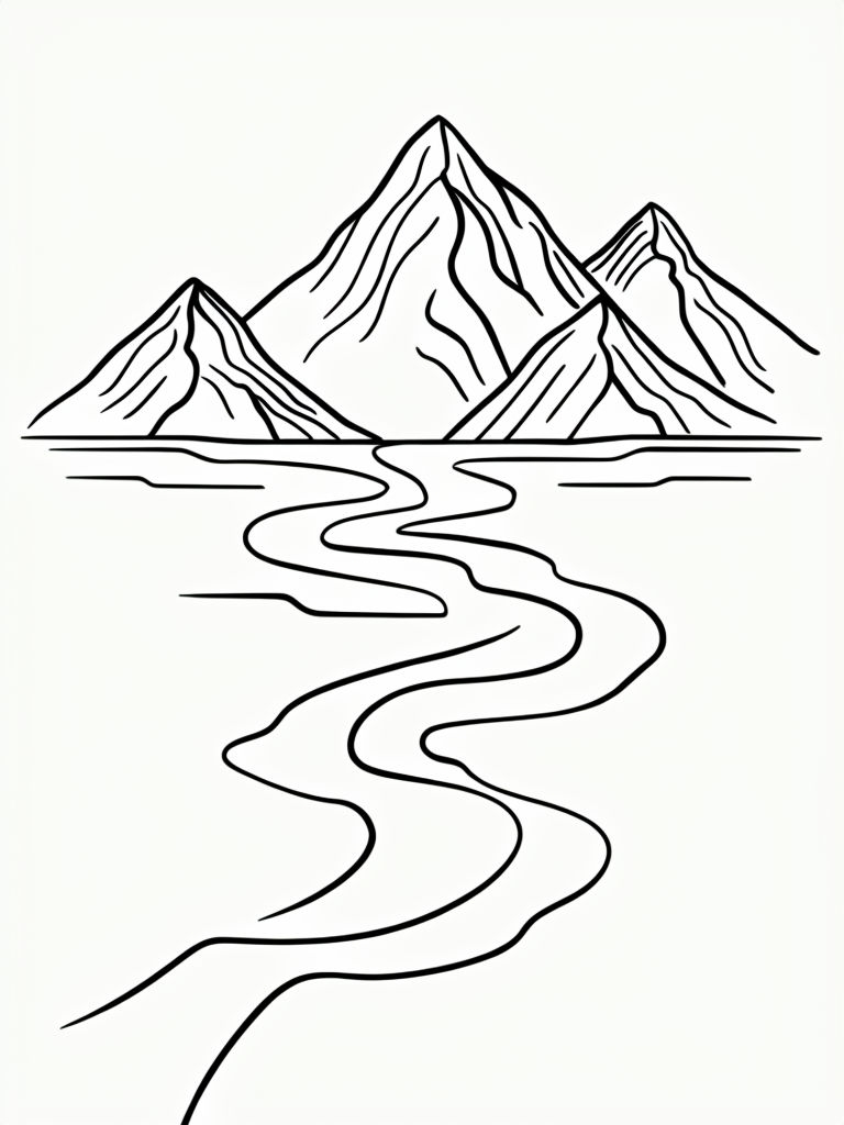 Minimalist Mountain Landscape Line Drawing Coloring Page
