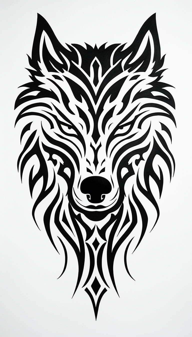 Striking Black Tribal Wolf Face Tattoo Design for Phone Case Cover