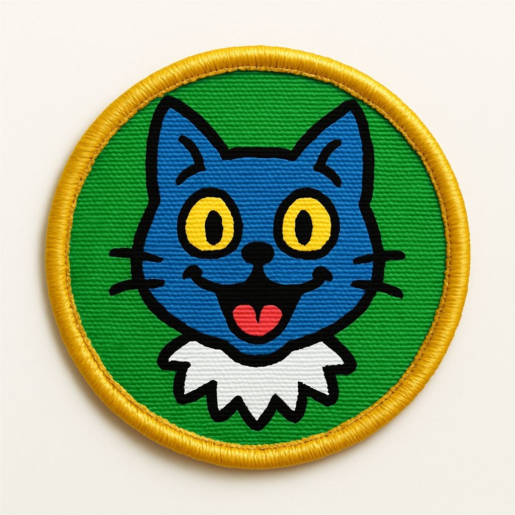 Vibrant Cartoon Blue Cat Patch Design for Hats
