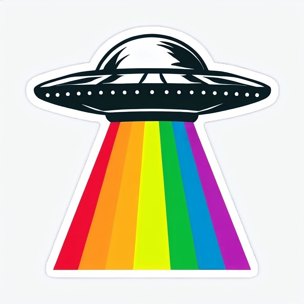 Minimalist Flying Saucer with Vibrant Rainbow Beam Sticker