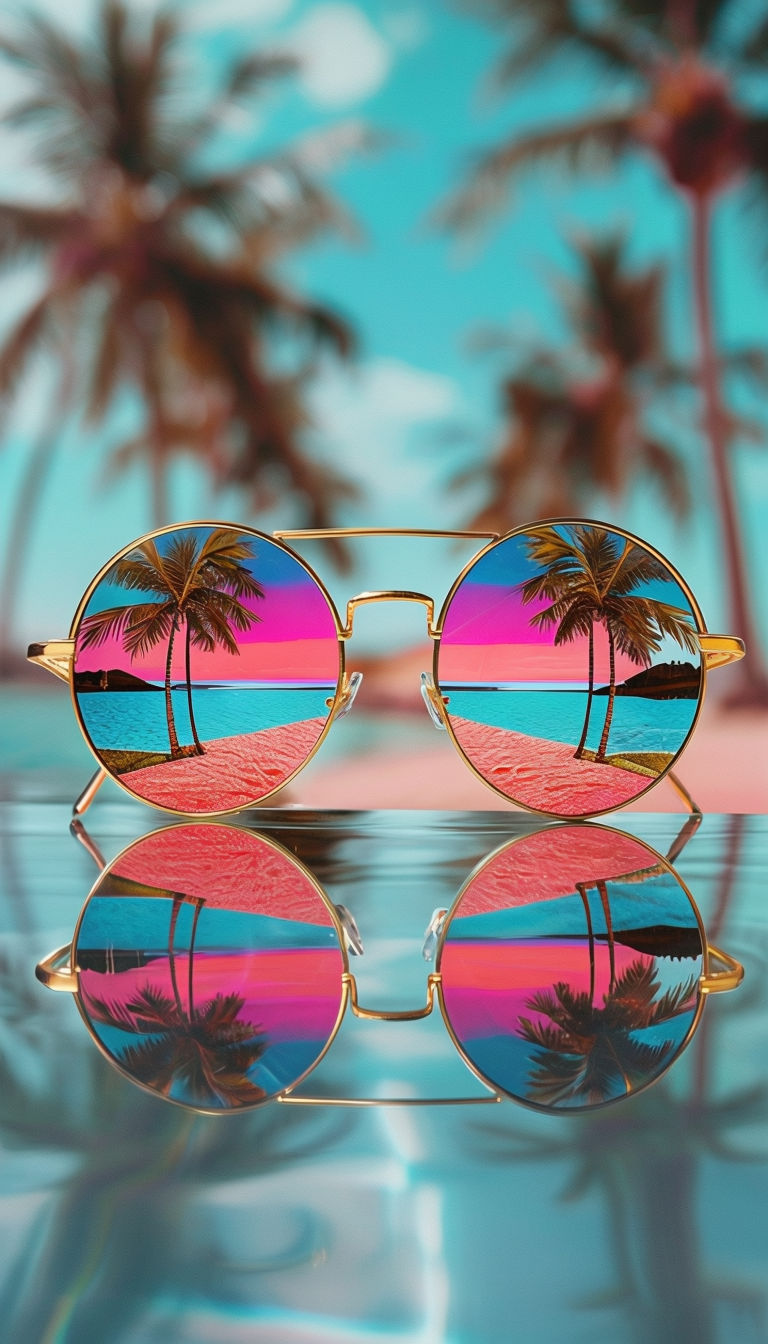 Surreal Tropical Beach Reflection in Round Sunglasses Art