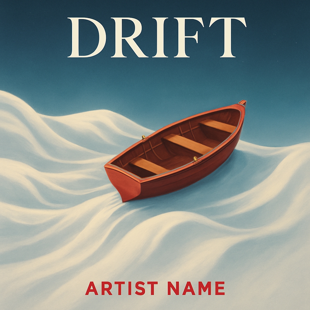Surrealistic Wooden Boat Drifting Over Ethereal Waves Album Cover