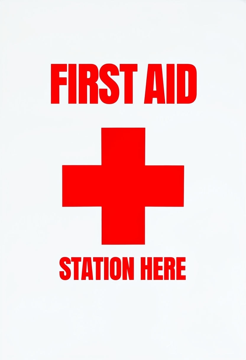 Bold First Aid Station Event Sign in Vibrant Red and White Design Event Sign