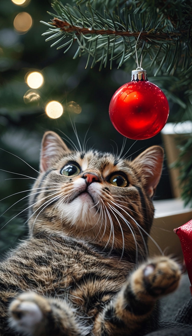 Adorable Tabby Cat with Christmas Ornament Close-up Mobile Wallpaper