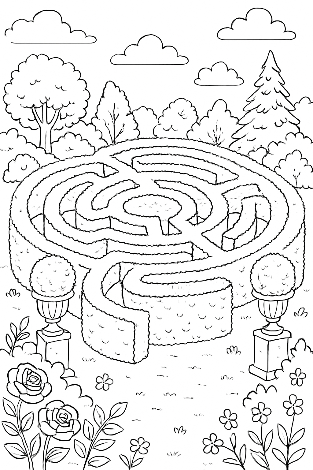 Whimsical Garden Hedge Maze Line Drawing for Coloring Book Pages