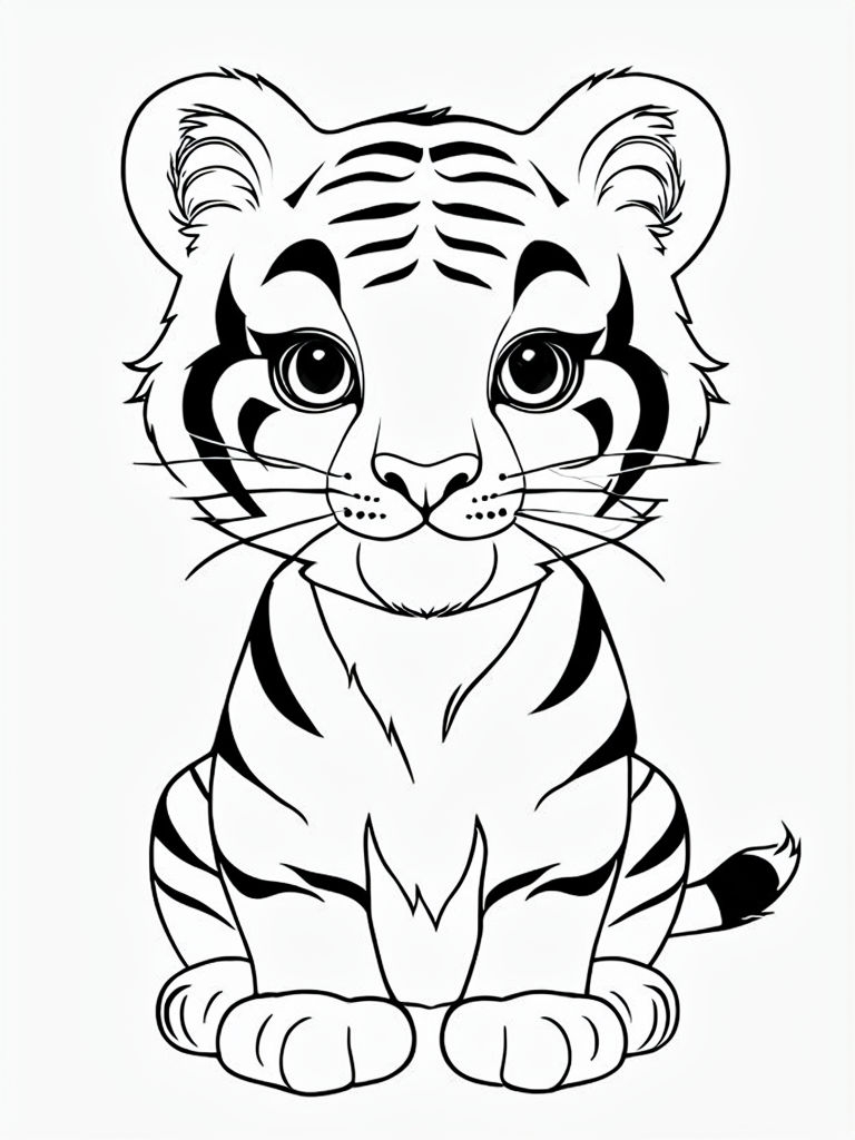 Cute Tiger Line Art Coloring Book Page