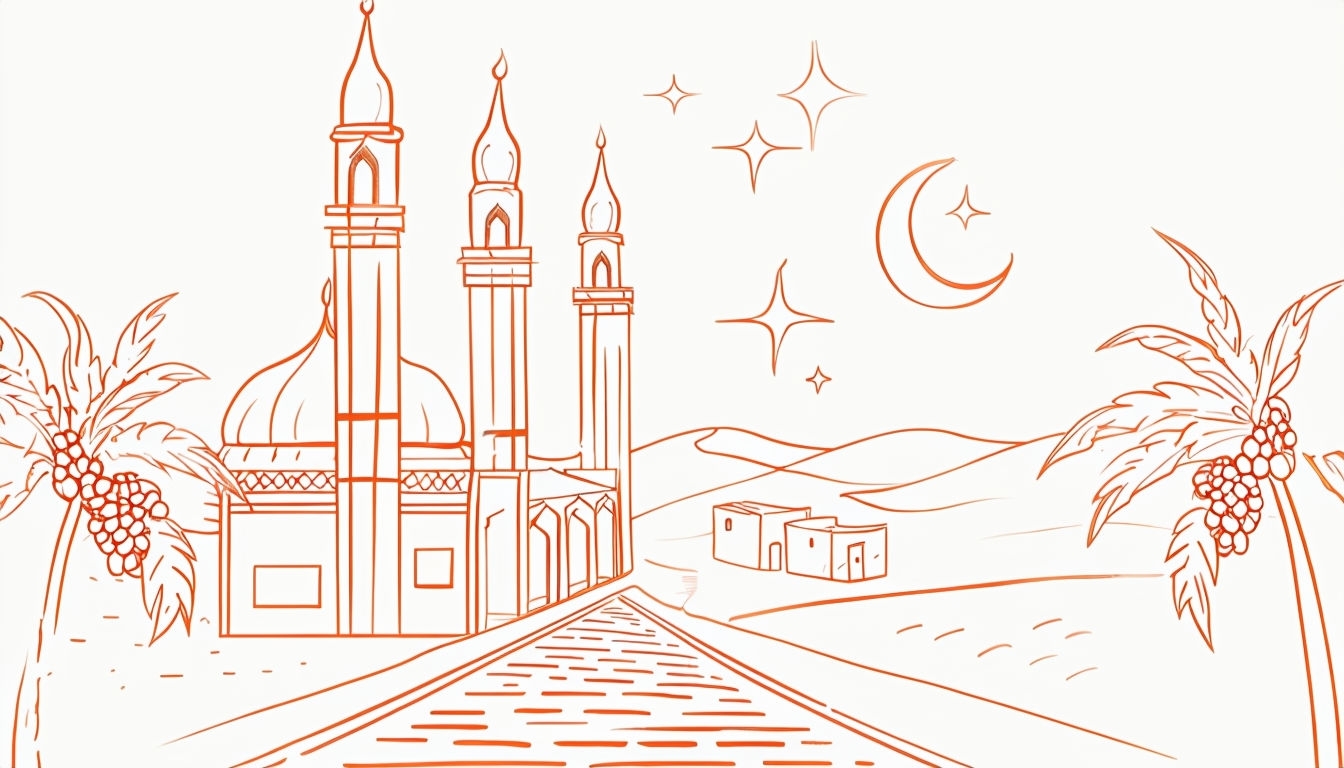 Orange Line Drawing of Desert Mosque Under Crescent Moon Background