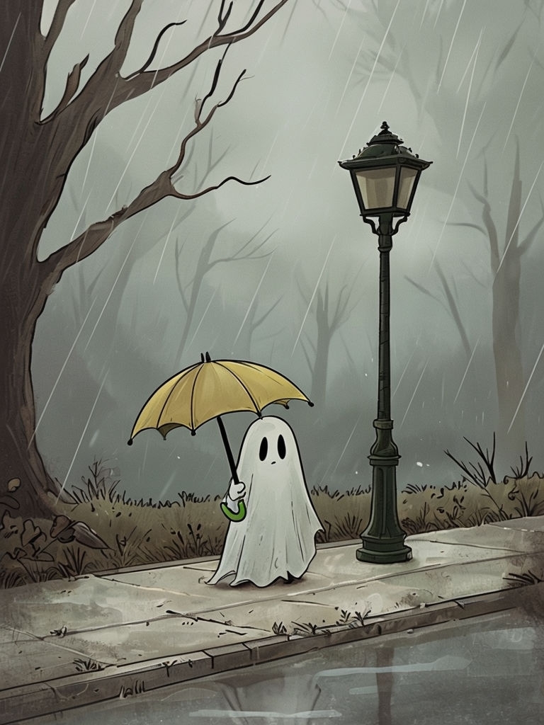Whimsical Ghost with Umbrella in Rainy Park Scene Poster
