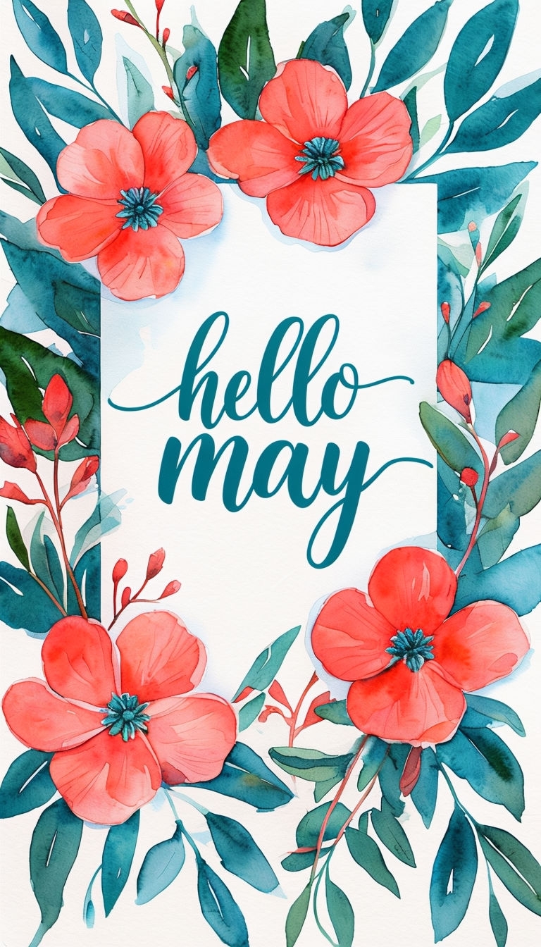 Vibrant Coral Floral Hello May Watercolor Invitation Design Cards & Invites