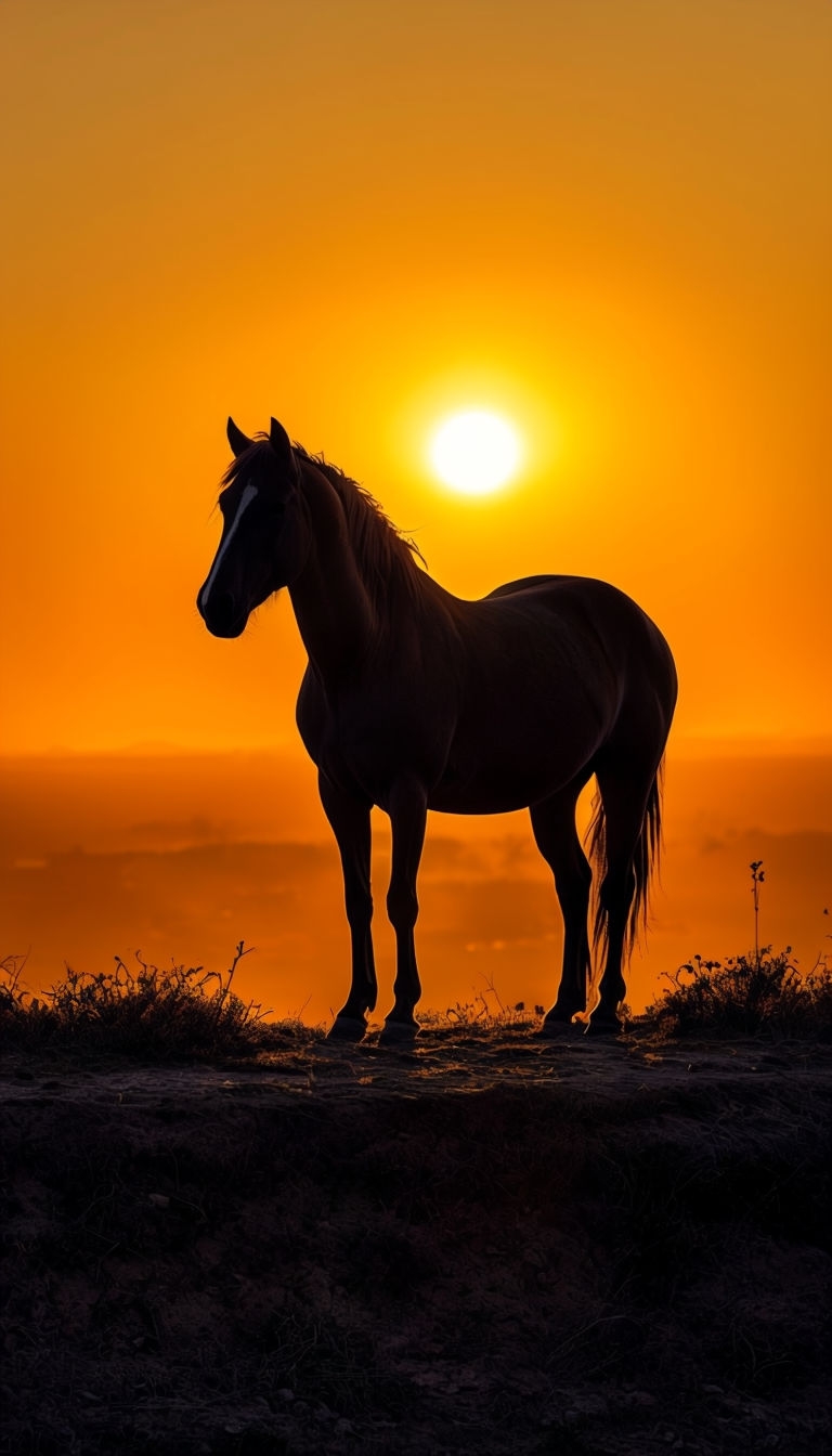 Majestic Horse Silhouette Against Vibrant Sunset Mobile Wallpaper