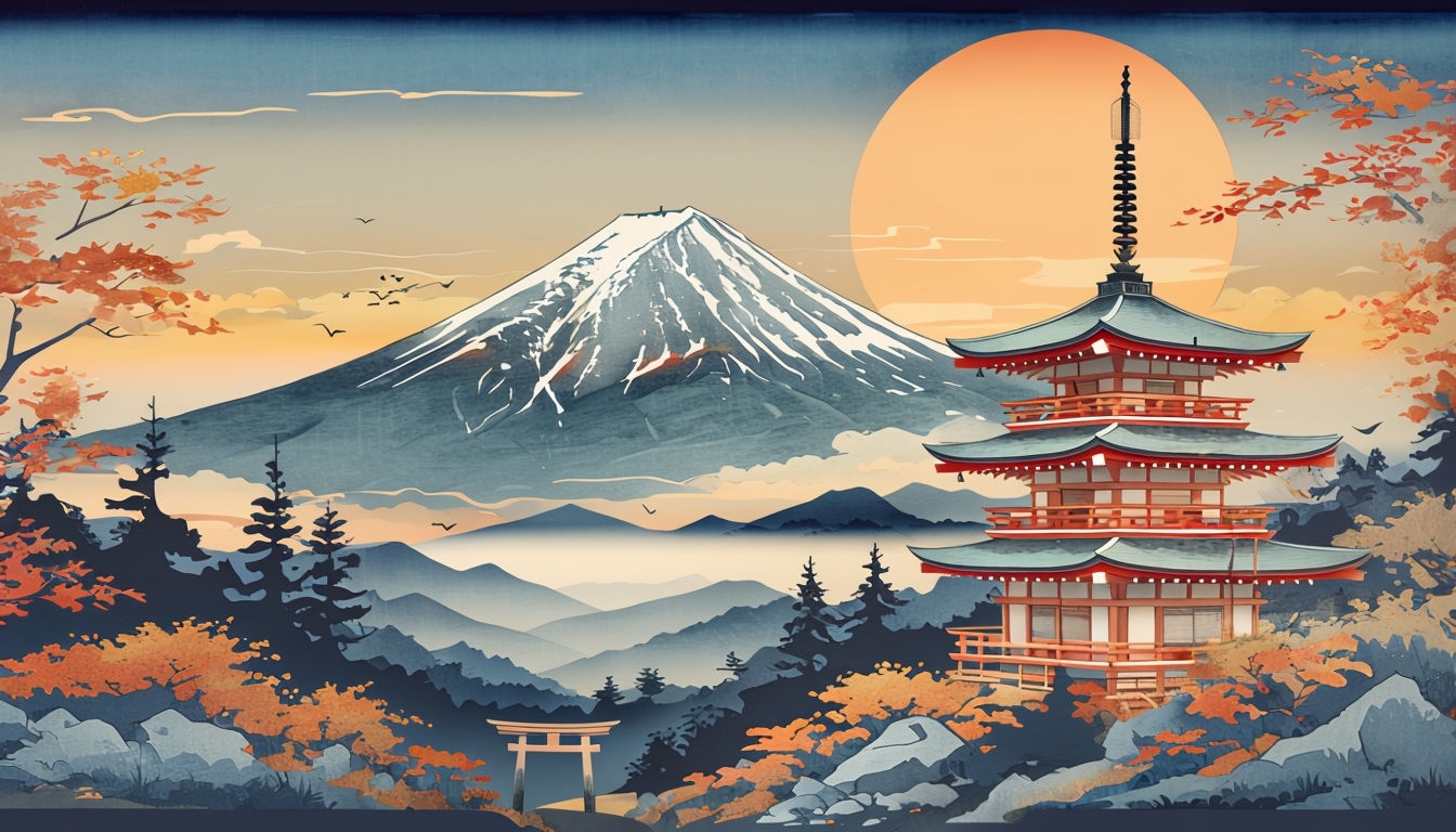 Traditional Japanese Landscape Featuring Mount Fuji Art