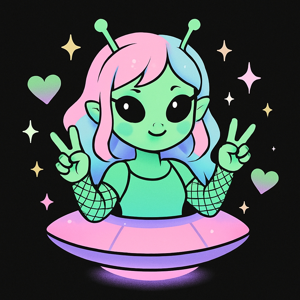 Playful Cartoon Alien Girl Emerging from UFO Sticker