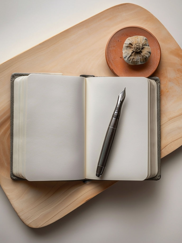 Elegant Grey Linen Journal with Fountain Pen Flat Lay Mockup