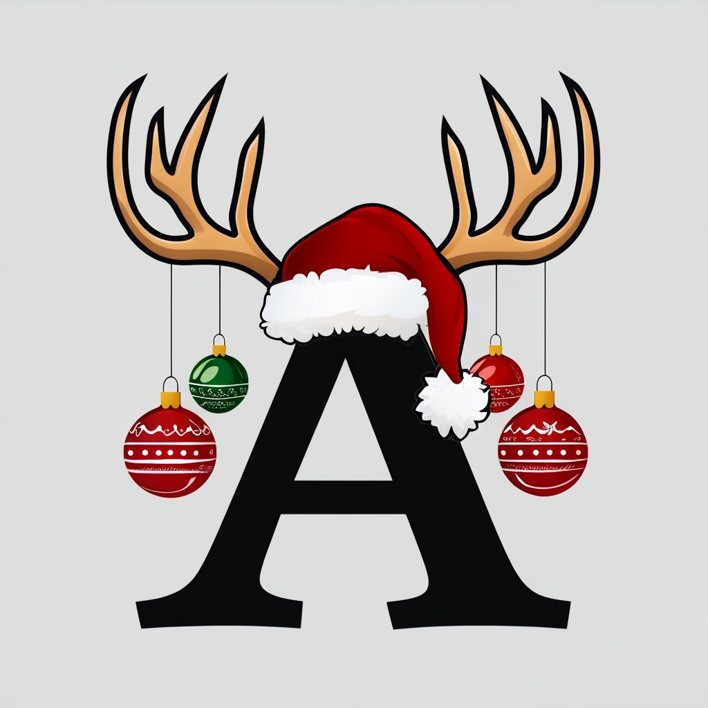 Festive Black Letter A with Reindeer Antlers and Santa Hat Monogram