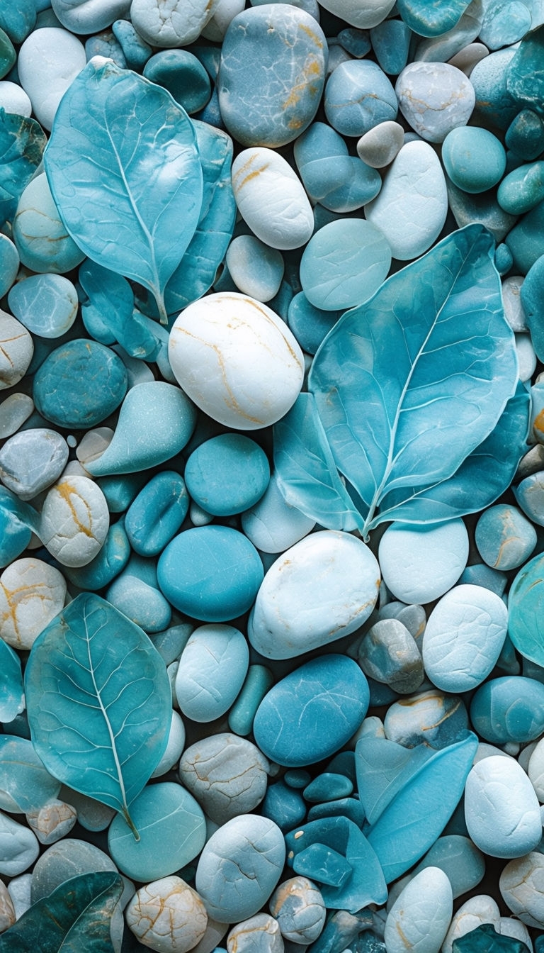 Serene Turquoise Leaves and Smooth Stones Close-Up Mobile Wallpaper