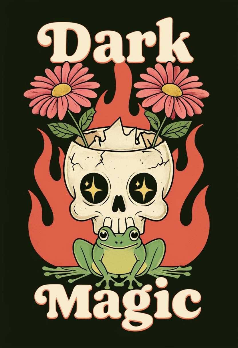 Whimsical Dark Magic Skull and Frog Cartoon T-Shirt