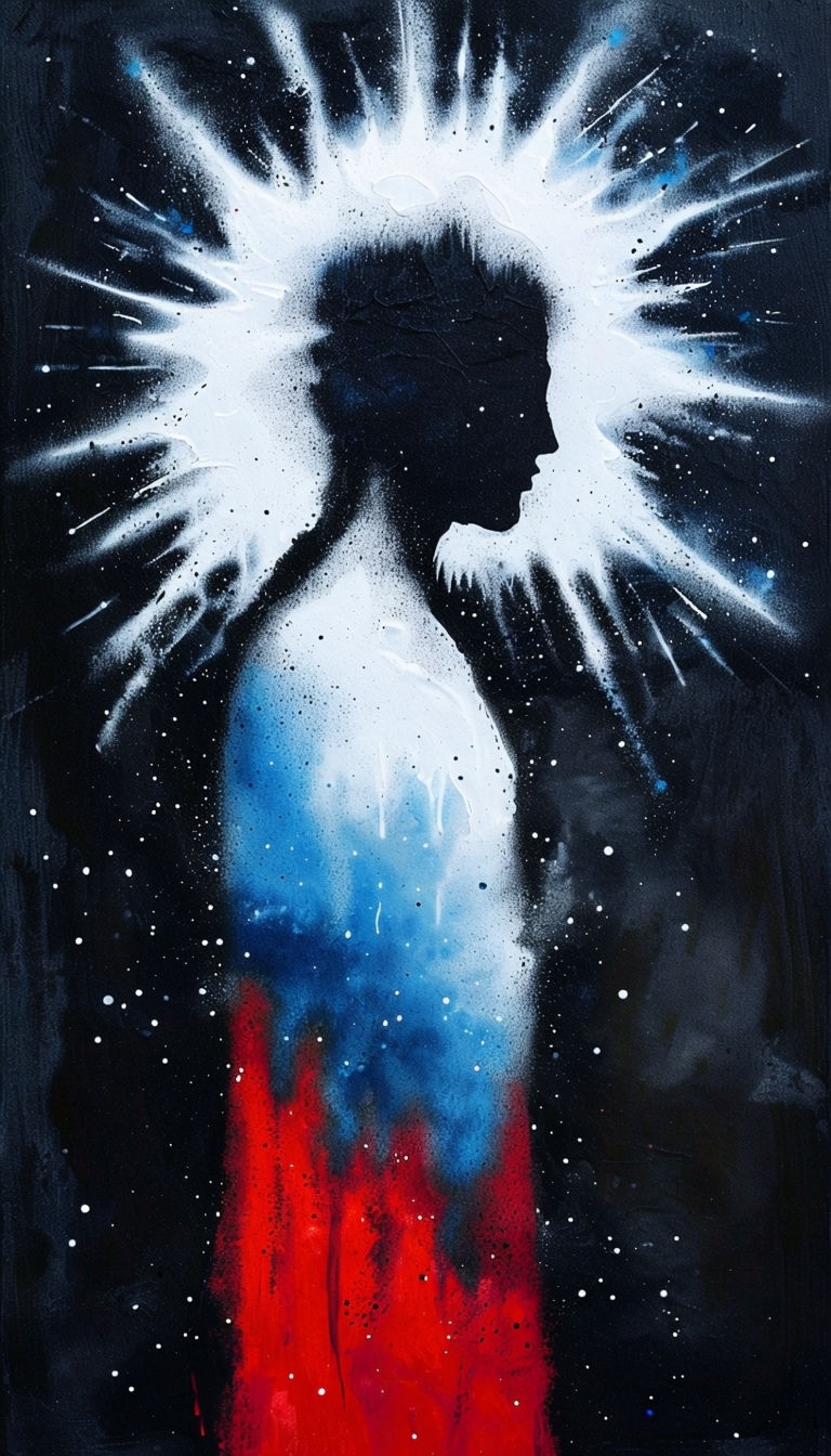 Ethereal Abstract Figure with Halo and Cosmic Elements Art