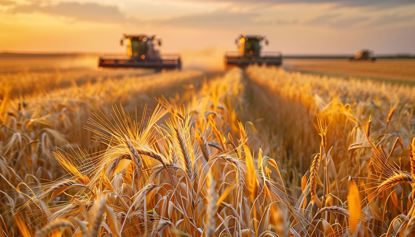 Golden Hour Wheat Field with Harvesters Background Image