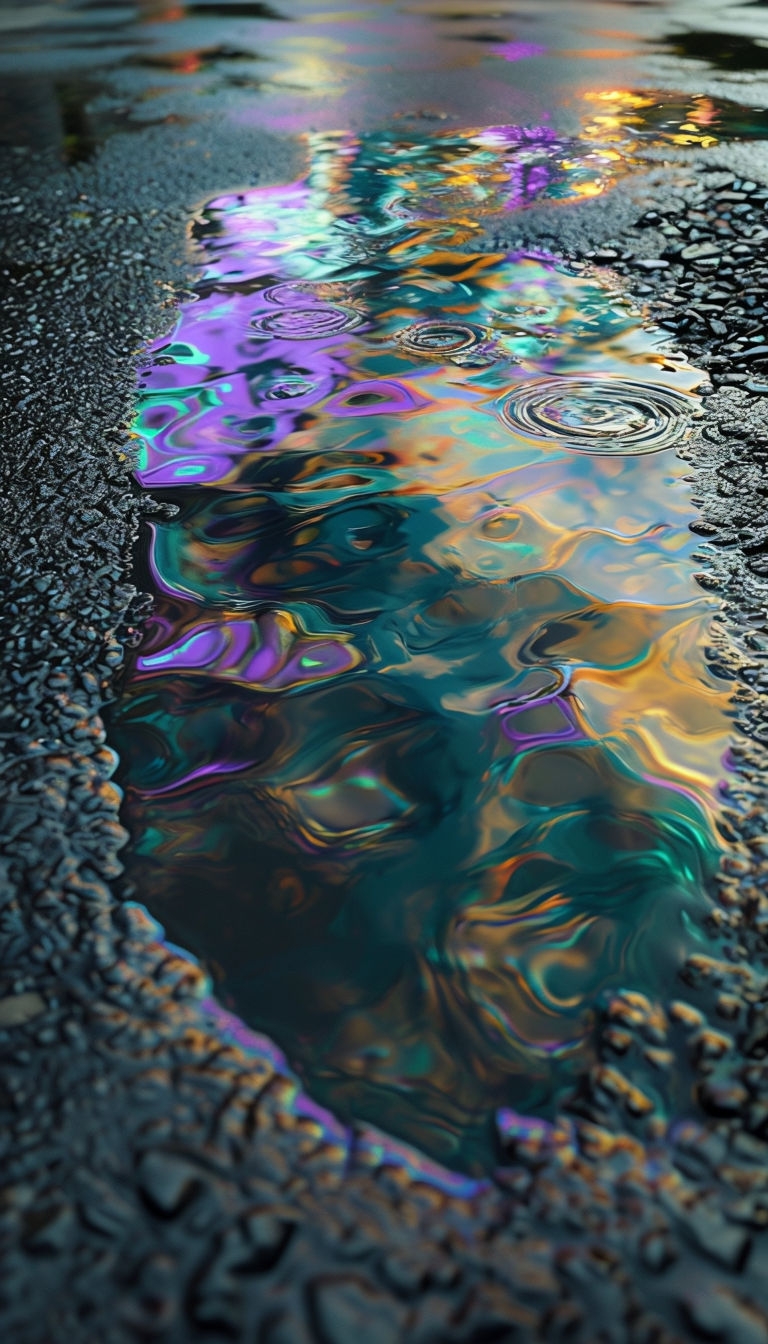 Iridescent Puddle Reflection on Dark Asphalt After Rain Mobile Wallpaper