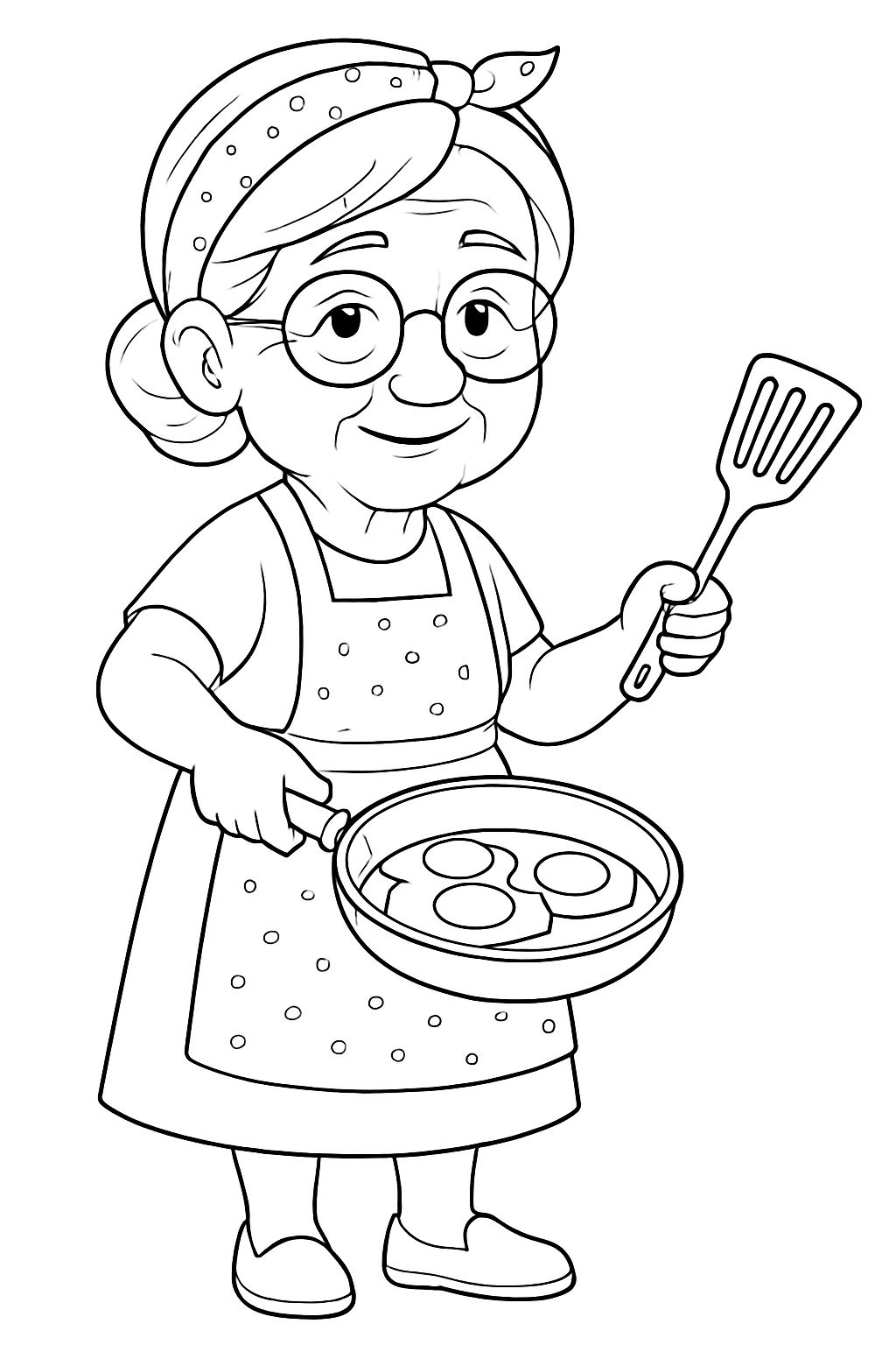 Elderly Woman Cooking Sunny-Side-Up Eggs Cartoon Illustration Coloring Book Pages