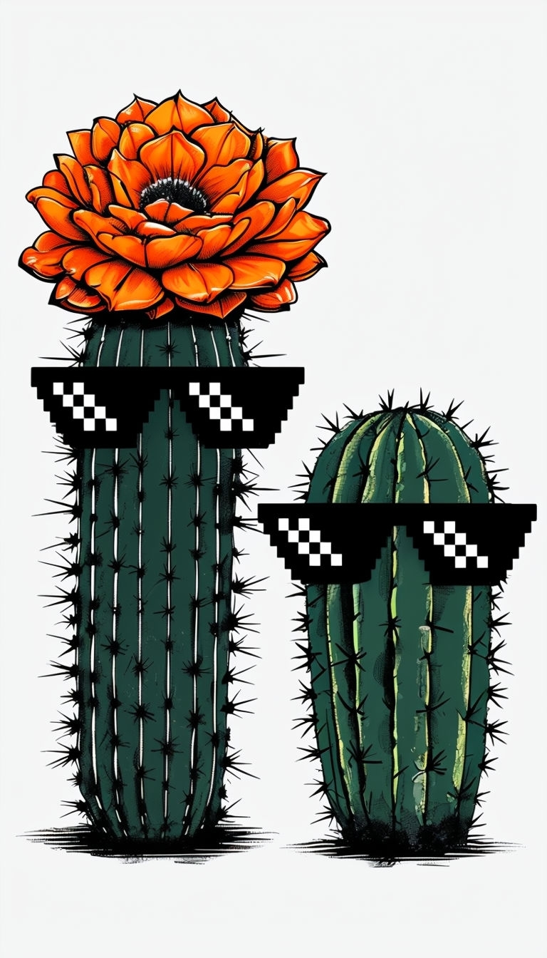Playful Cartoon Cacti with Sunglasses and Flowers Mobile Wallpaper