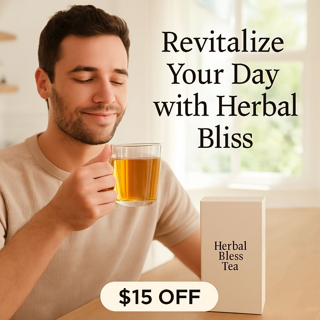 Relaxed Man Enjoying Herbal Tea in Bright Kitchen Ad