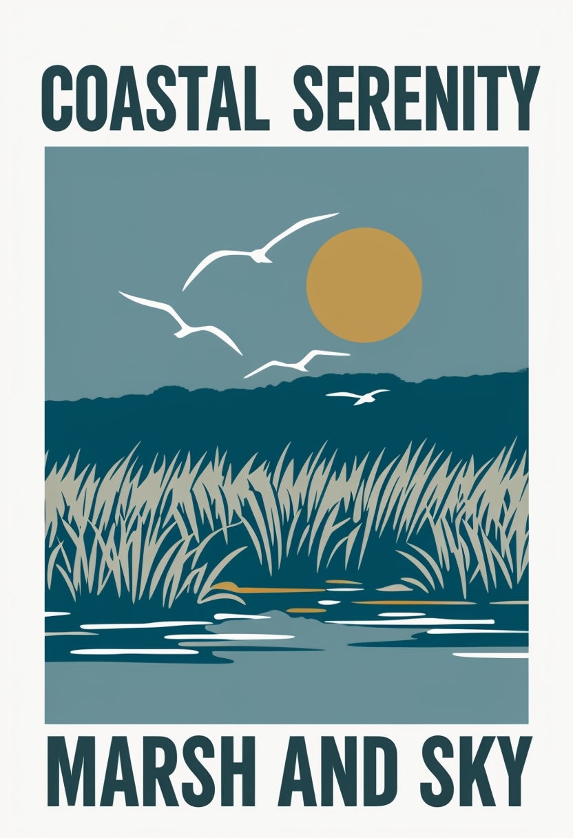 Coastal Serenity Marshland Illustration with Birds Poster