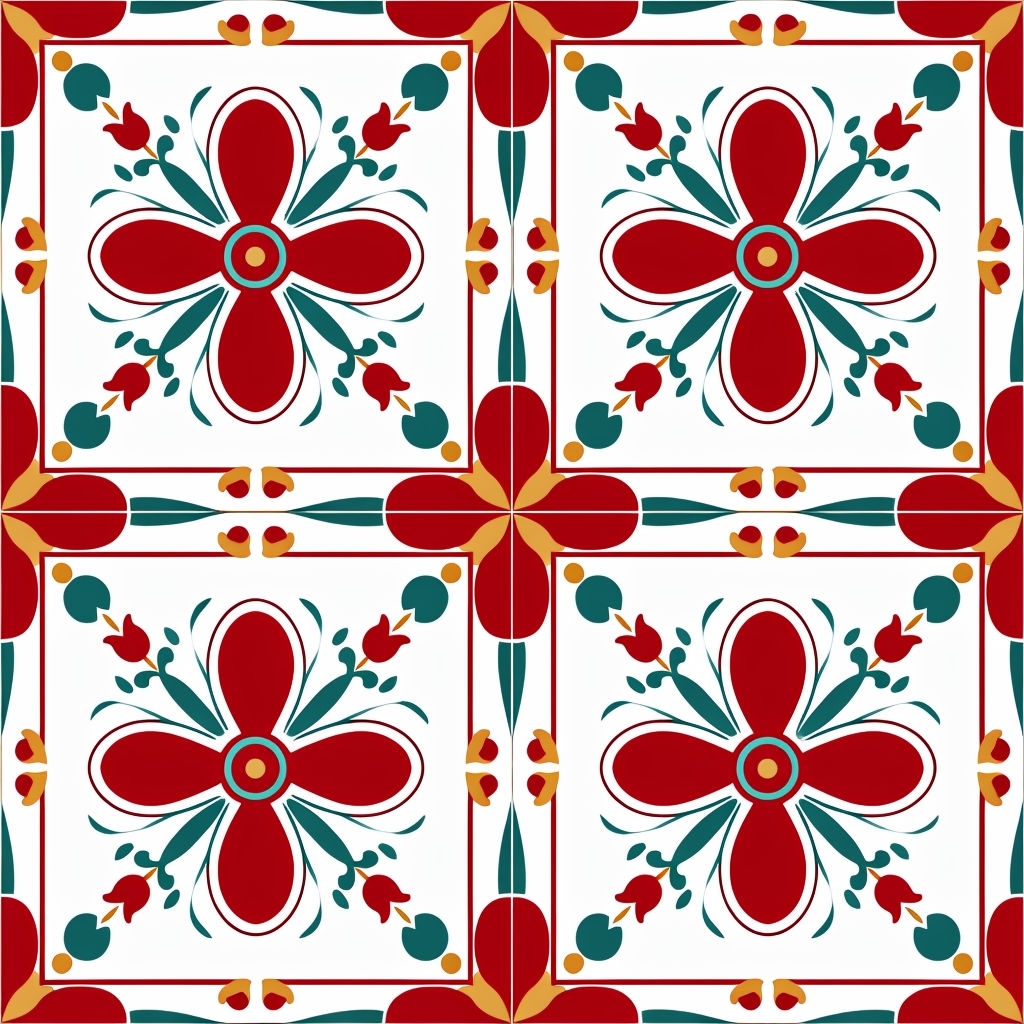 Intricate Floral Tile Design with Red and Teal Pattern Seamless Patterns