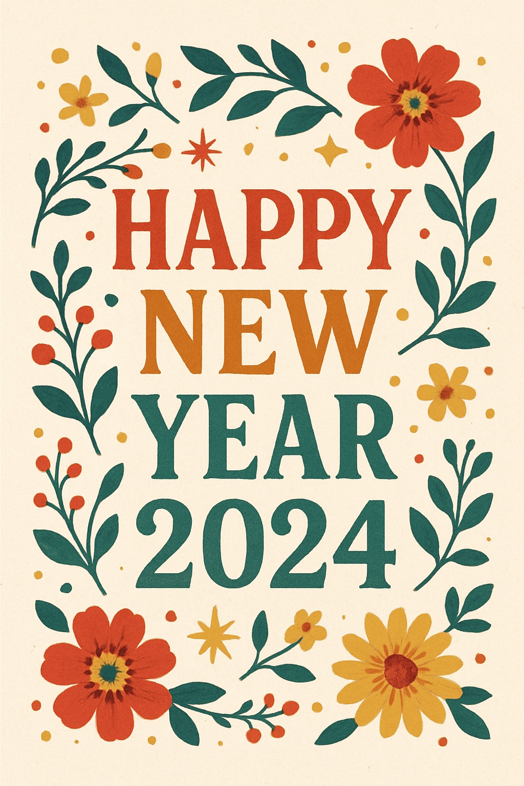 Vintage Floral Happy New Year 2024 Greeting Card Design Cards & Invites