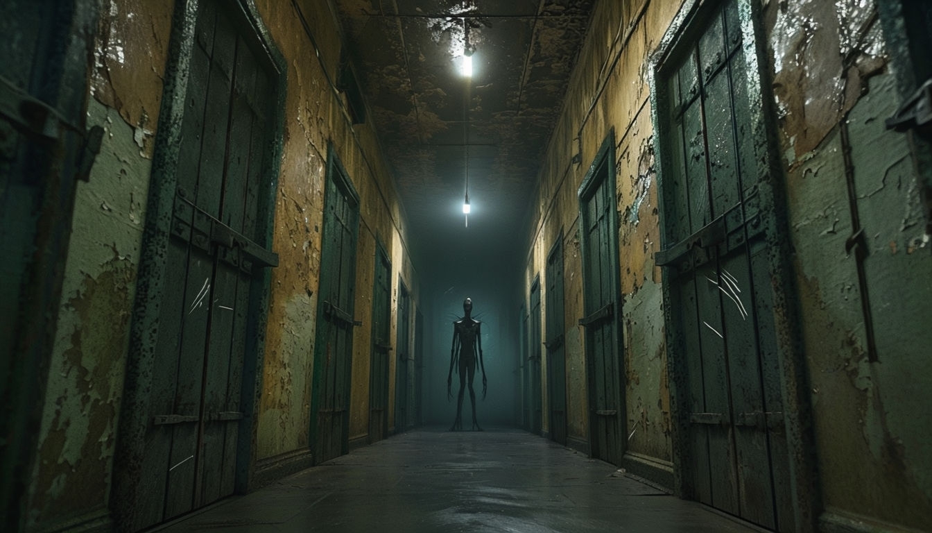 Haunting Asylum Corridor with Shadowy Figure Virtual Background