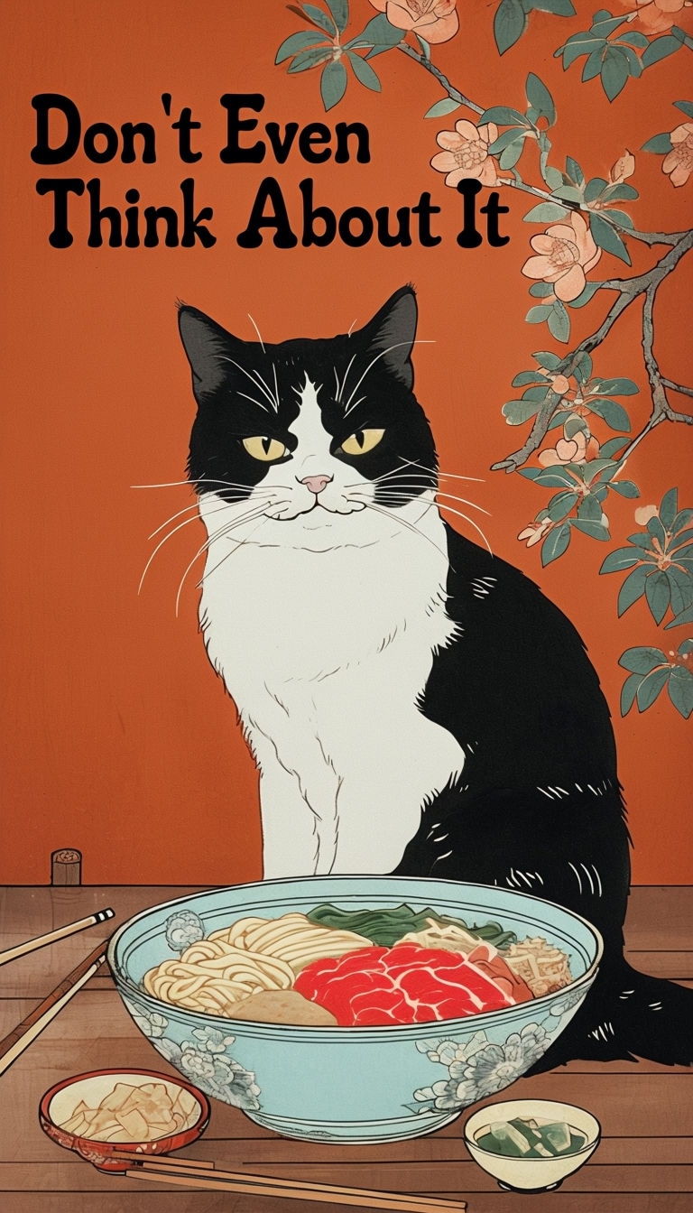 Mischievous Black and White Cat with Food in Ukiyo-e Style Art Poster