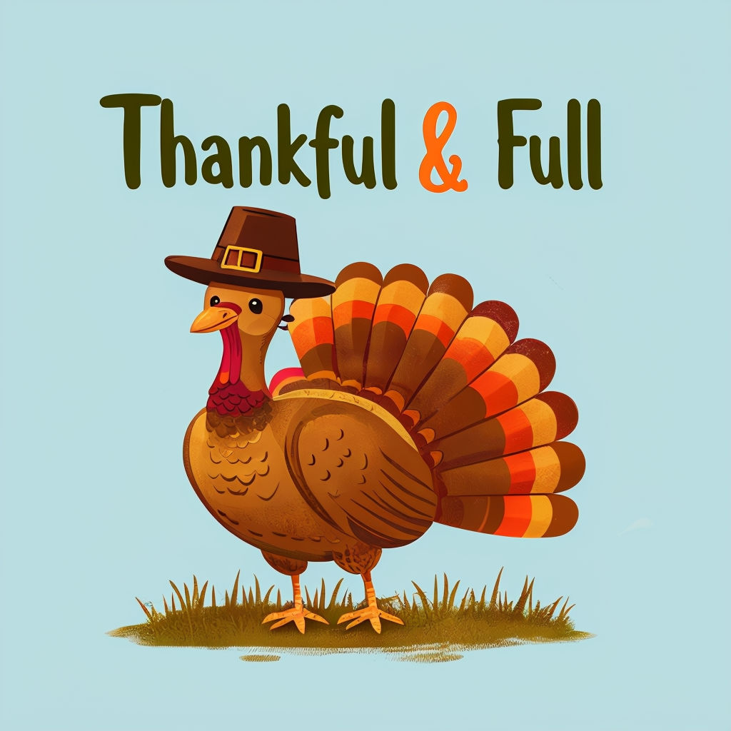 Whimsical Thanksgiving Turkey Design with "Thankful & Full" Quote Poster