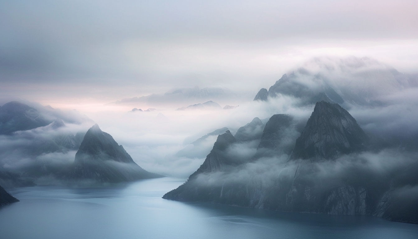 Serene Misty Mountain Landscape with Reflective Water Background