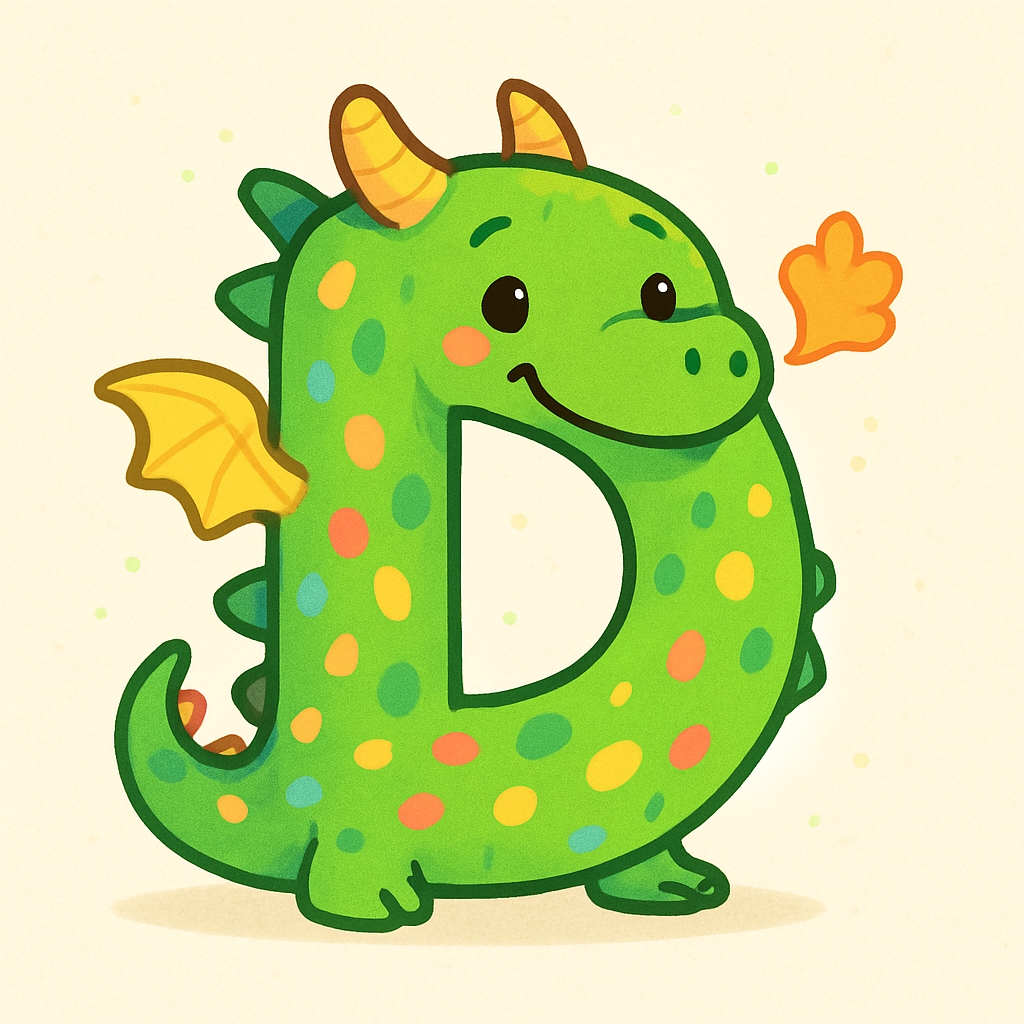 Cheerful Cartoon Dragon Shaped Like Letter D Illustration Monogram