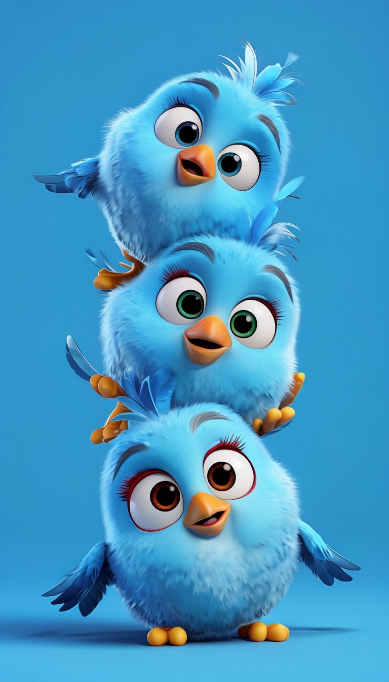 Charming 3D Sky Blue Birds Vertical Stack Illustration Mobile Wallpaper