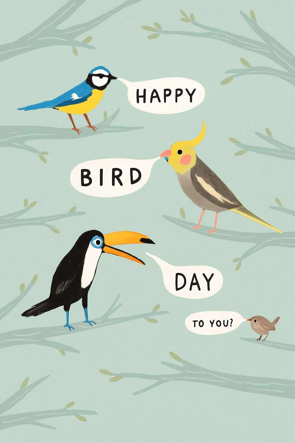 Whimsical Bird Day Greeting Card Illustration for Cheerful Designs Cards & Invites