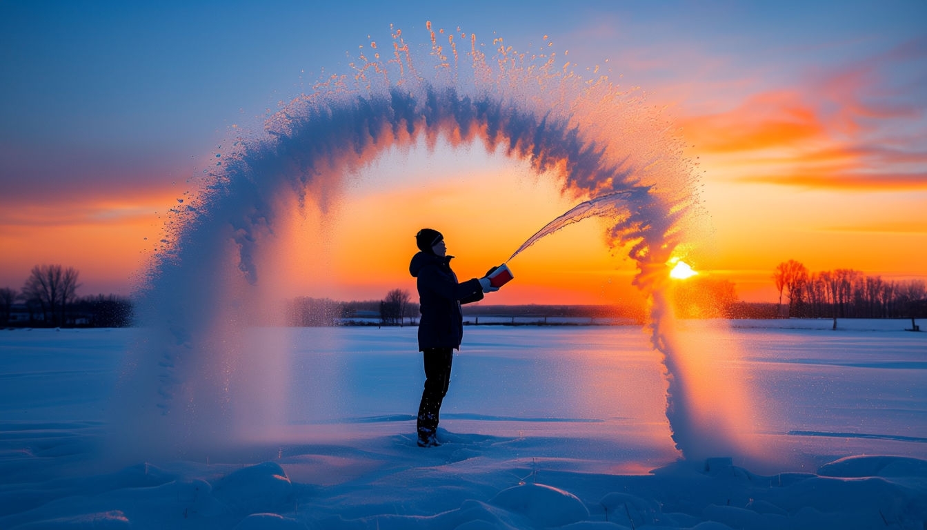 Dynamic Silhouette with Ice Water Spray at Sunset Poster