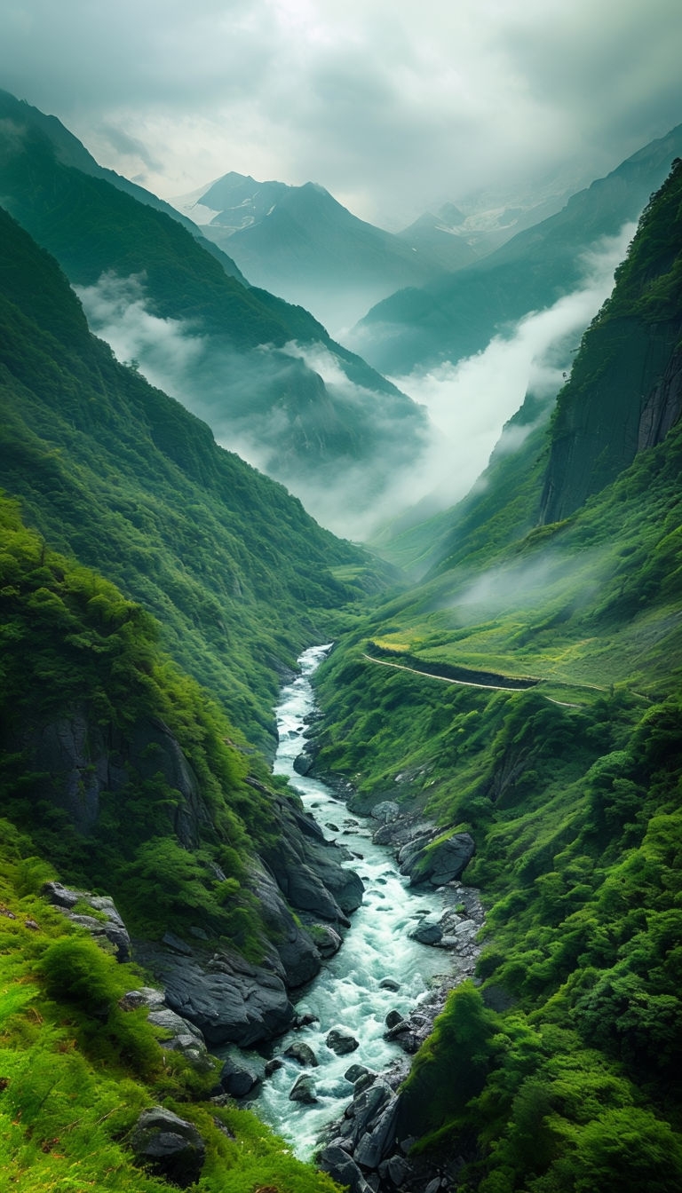Serene Mountainous Valley Landscape with Flowing River Mobile Wallpaper