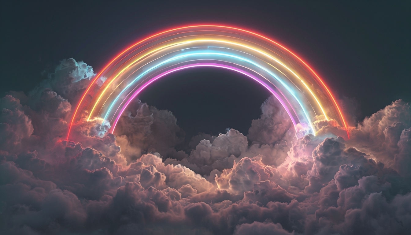 Neon Rainbow Arching Over Fluffy Clouds in Night Sky Background