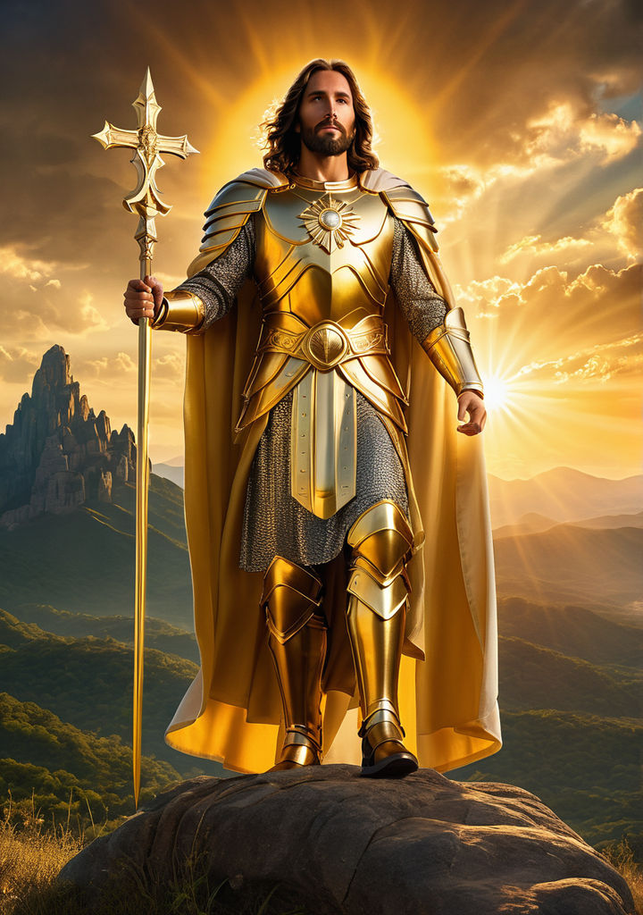 Jesus depicted as a paladin clad in resplendent golden armor by Maximvs ...