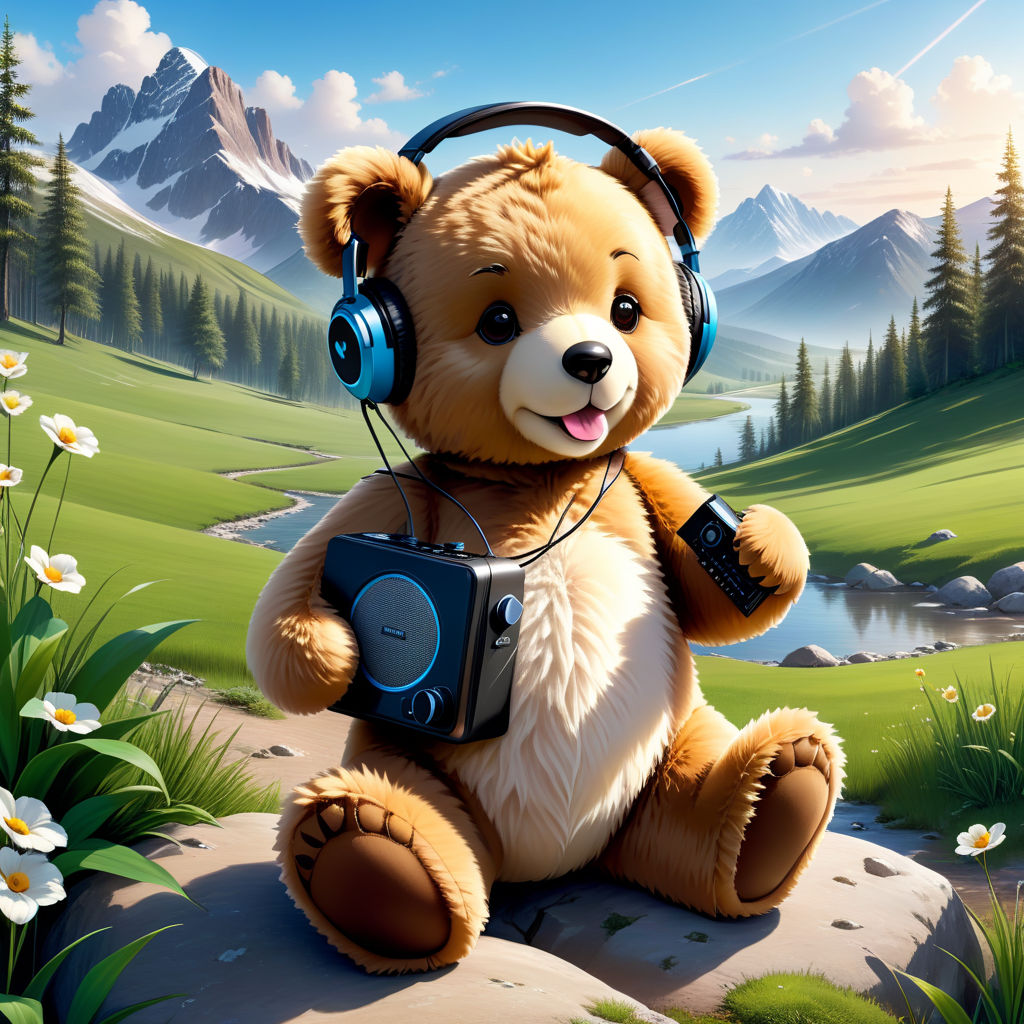 Cute Teddy With Headphones And A Radio In His Paws In A Beau By