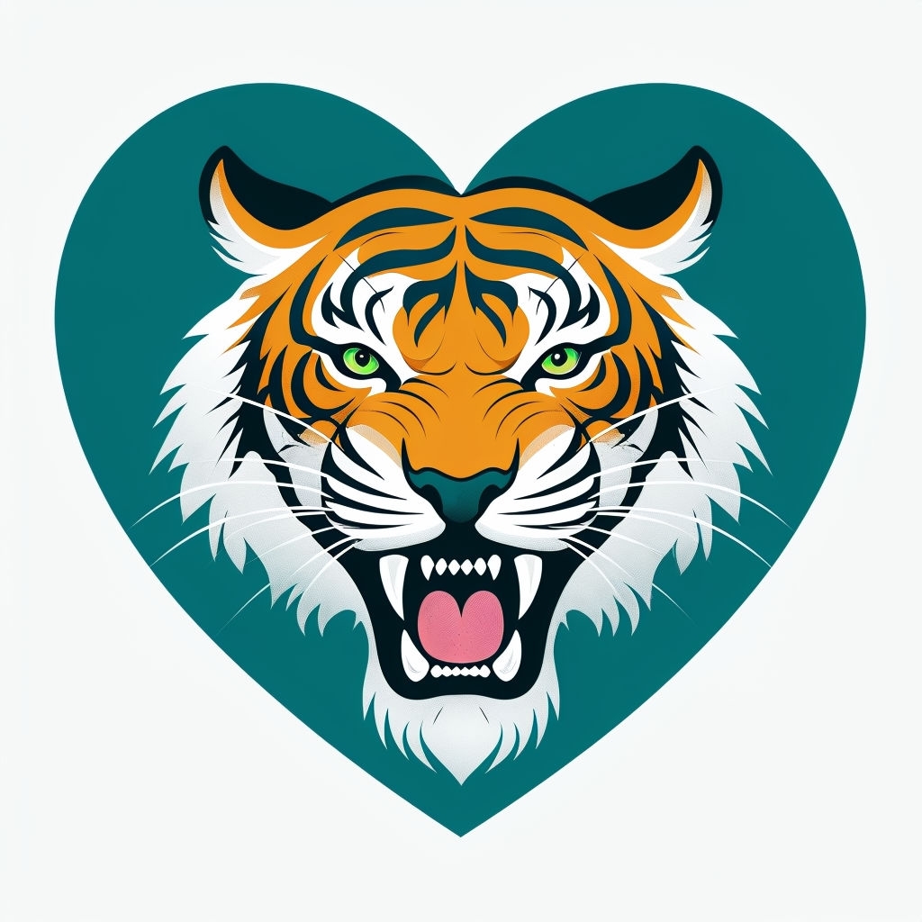 Roaring Tiger Head in Teal Heart Illustration Sticker