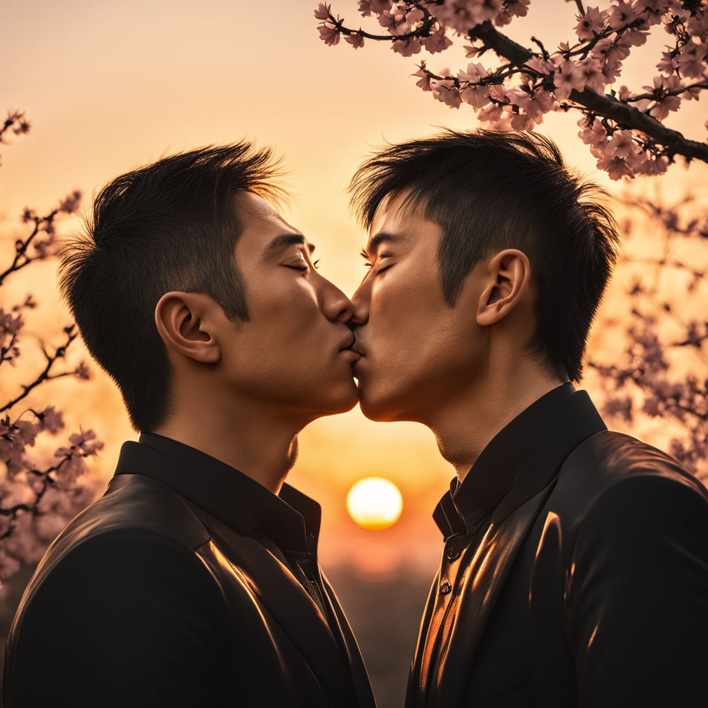 Two men kissing