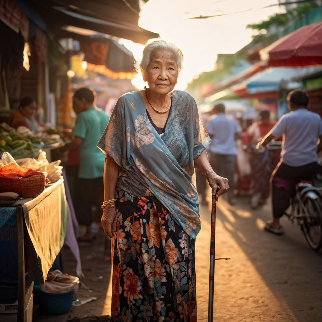 Elderly Malaysian woman experiencing discomfort in leg by Kedai