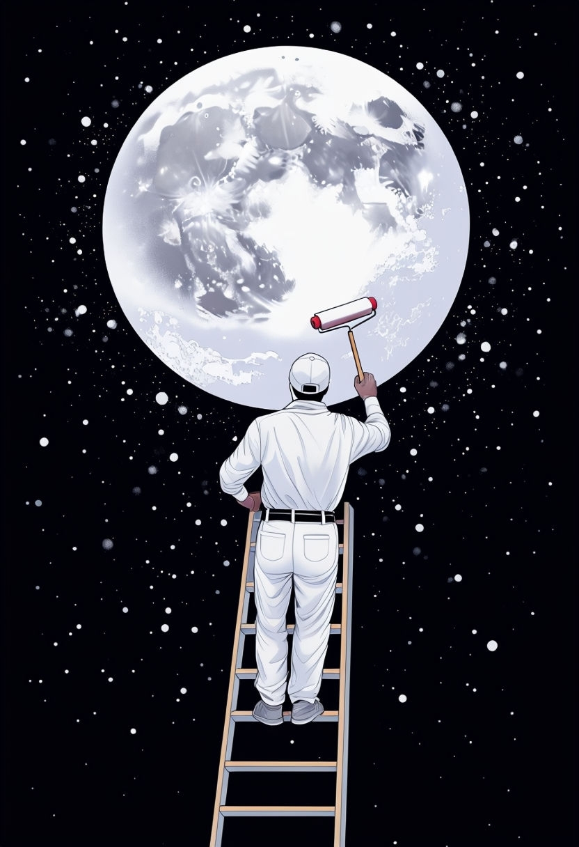 Surreal Moon Painter on a Ladder in Starry Night Sky Art