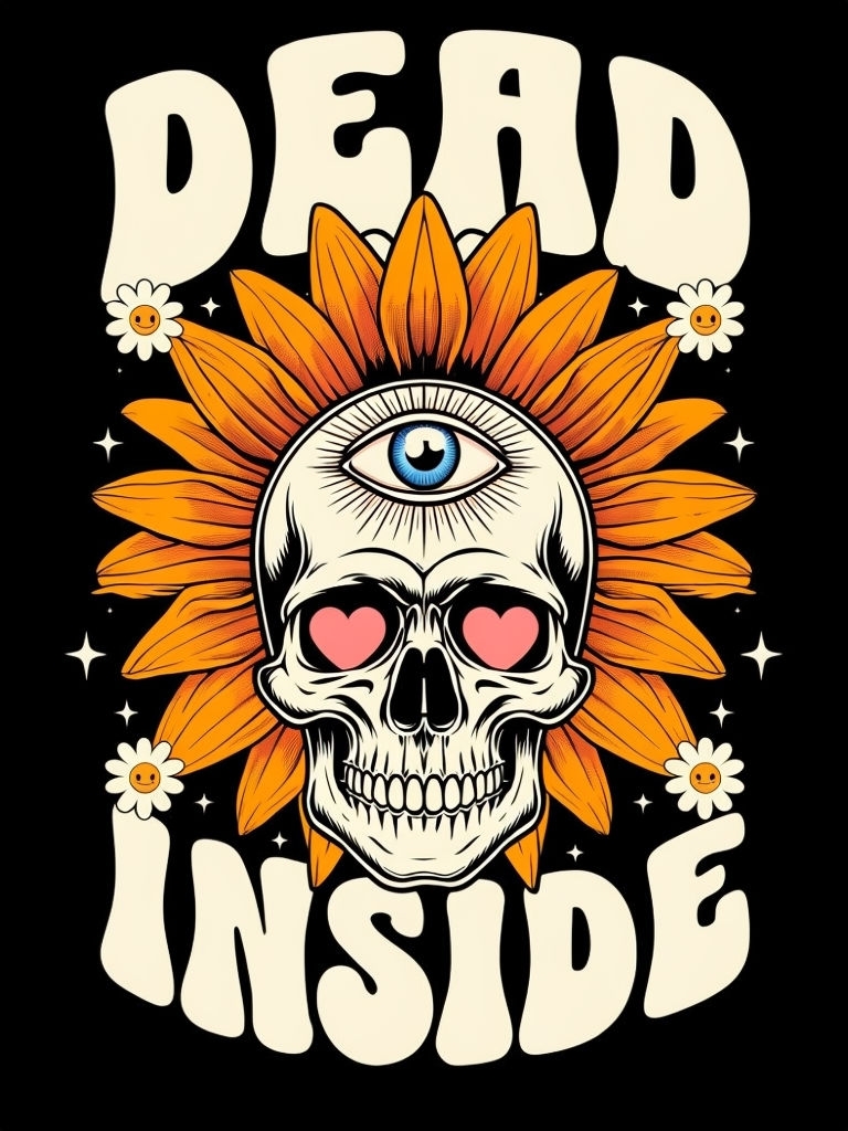 Psychedelic Human Skull with Sunflower and Dead Inside T-Shirt